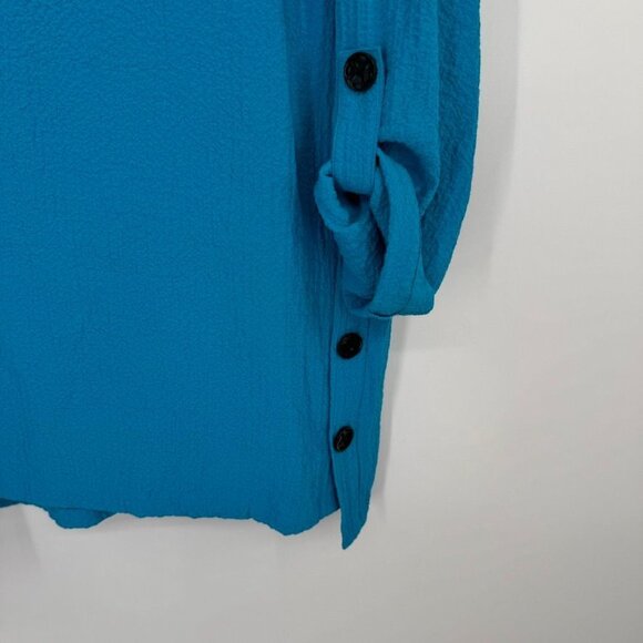 Ali Miles Womens Blue crinkle Tunic Top size large Button Detailing 3/4 sleeve - Picture 7 of 13